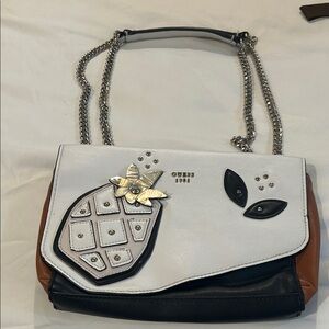 GUESS Black, White, and Brown Shoulder Bag